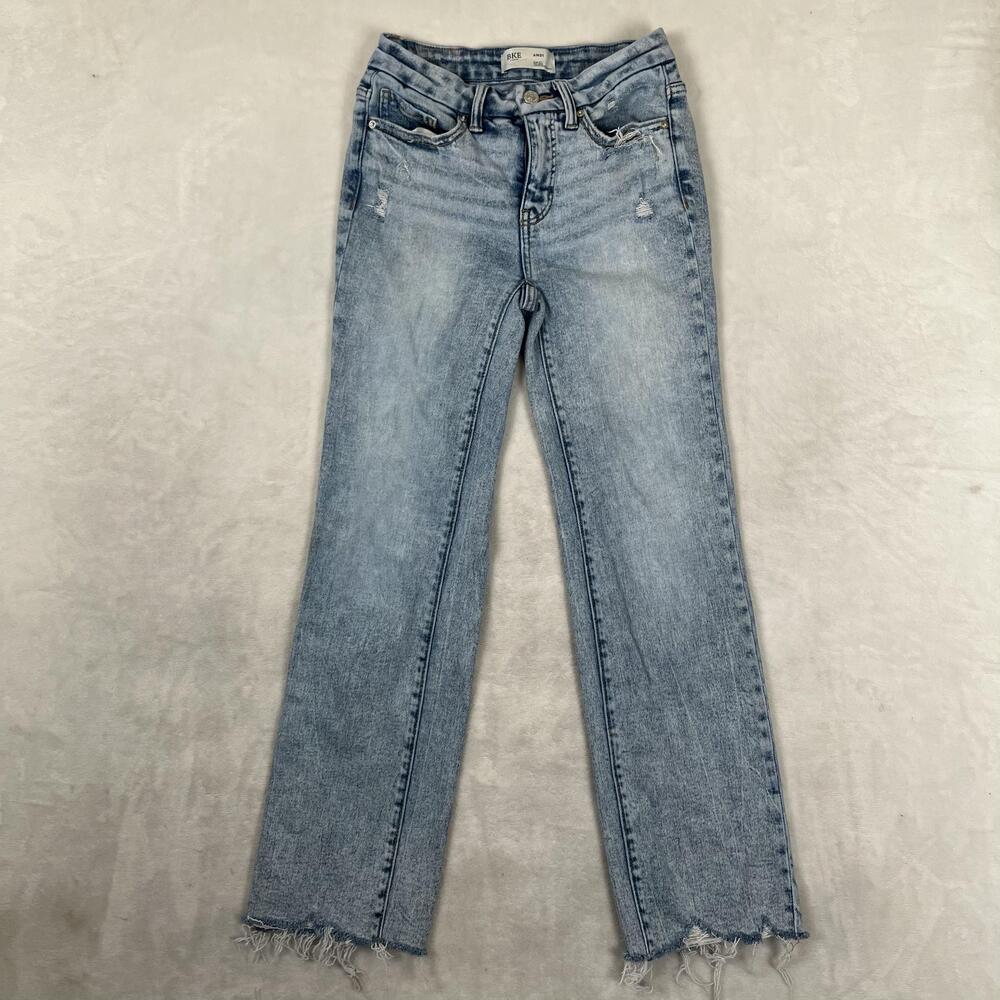 BKE Andi Mid Rise Cropped Straight Jeans Womens 24x28 Blue Wash Denim Frayed Hem